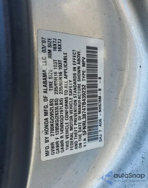2007 Honda Odyssey Exl from USA, damaged, VIN 5FNRL38747B439232